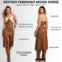 Vestido Feminino Moon Horse Midi Bicolor Abigail Marrom Bege Com Detalhes Bronze Alças E Zíper Ref: 01.10.403