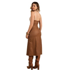 Vestido Feminino Moon Horse Midi Bicolor Abigail Marrom Bege Com Detalhes Bronze Alças E Zíper Ref: 01.10.403