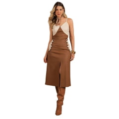 Vestido Feminino Moon Horse Midi Bicolor Abigail Marrom Bege Com Detalhes Bronze Alças E Zíper Ref: 01.10.403