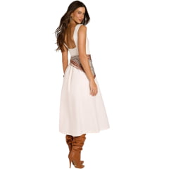 Vestido Feminino Moon Horse Midi Flowers Off White Regata Elastico Nas Costas Bordado Marrom REF:01.13.537