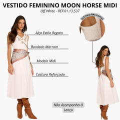 Vestido Feminino Moon Horse Midi Flowers Off White Regata Elastico Nas Costas Bordado Marrom REF:01.13.537