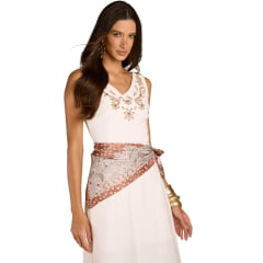 Vestido Feminino Moon Horse Midi Flowers Off White Regata Elastico Nas Costas Bordado Marrom REF:01.13.537