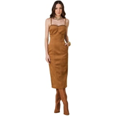 Vestido Feminino Moon Horse Midi Gale Longo Marrom CLaro De Alça E Detalhes Dourado Ref: 01.09.370UN