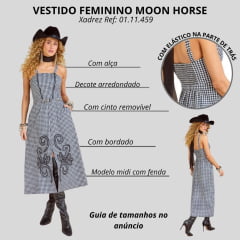 Vestido Feminino Moon Horse Midi Vichy Chrys Xadrez Preto Cinza Branco Alças Com Bordado Ref:01.11.459