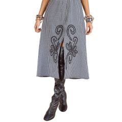 Vestido Feminino Moon Horse Midi Vichy Chrys Xadrez Preto Cinza Branco Alças Com Bordado Ref:01.11.459