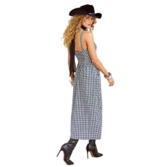 Vestido Feminino Moon Horse Midi Vichy Chrys Xadrez Preto Cinza Branco Alças Com Bordado Ref:01.11.459