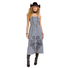 Vestido Feminino Moon Horse Midi Vichy Chrys Xadrez Preto Cinza Branco Alças Com Bordado Ref:01.11.459