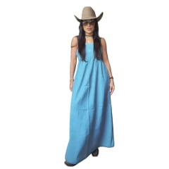 Vestido Feminino Os Moiadeiros Jeans Claro Longo Com Alças De Amarrar Ref:VST49