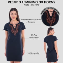 Vestido Feminino Ox Horns Preto Manga Curta Com Amarração e Bordado Marrom R.7814