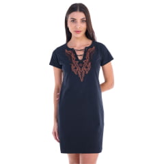 Vestido Feminino Ox Horns Preto Manga Curta Com Amarração e Bordado Marrom R.7814
