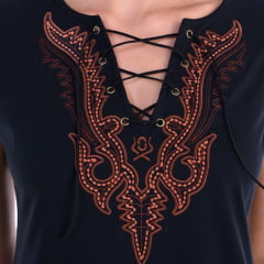 Vestido Feminino Ox Horns Preto Manga Curta Com Amarração e Bordado Marrom R.7814