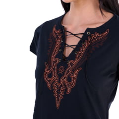 Vestido Feminino Ox Horns Preto Manga Curta Com Amarração e Bordado Marrom R.7814