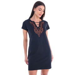 Vestido Feminino Ox Horns Preto Manga Curta Com Amarração e Bordado Marrom R.7814