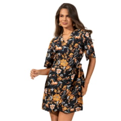 Vestido Feminino Stabulos Curto Estampado Fundo Preto Ref: STB618
