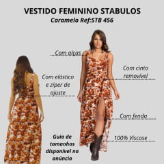 Vestido Feminino Stabulos Longo Caramelo Com Estampa De Cavalos Com Cinto E Alça Ref:STB456