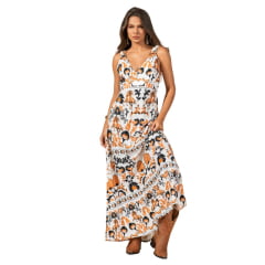 Vestido Feminino Stabulos Longo Estampado Preto E Laranja Com Fundo Branco E Alças Largas E Abertura Atrás Ref:STB616