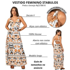 Vestido Feminino Stabulos Longo Estampado Preto E Laranja Com Fundo Branco E Alças Largas E Abertura Atrás Ref:STB616