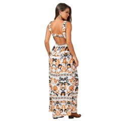 Vestido Feminino Stabulos Longo Estampado Preto E Laranja Com Fundo Branco E Alças Largas E Abertura Atrás Ref:STB616