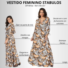 Vestido Feminino Stabulos Longo Manga Longa Estampado Horses Off White Ref: STB 557