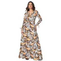 Vestido Feminino Stabulos Longo Manga Longa Estampado Horses Off White Ref: STB 557