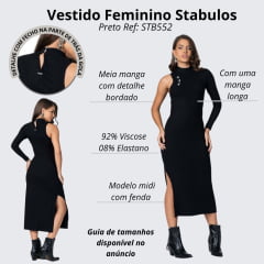 Vestido Feminino Stabulos Longo Preto Canelado C/ Manga Única Bordado Cavalo Branco Ref:STB552