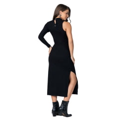 Vestido Feminino Stabulos Longo Preto Canelado C/ Manga Única Bordado Cavalo Branco Ref:STB552