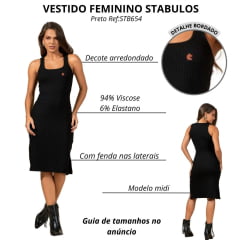 Vestido Feminino Stabulos Modelo Regata Canelado Preto Longo Com Logo Bordado Caramelo Ref:STB654