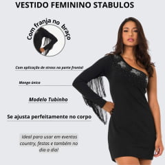 Vestido Feminino Stabulos Preto com Manga Única e Franjas com Bordado de cavalos Com Brilho Ref.STB418