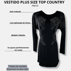 Vestido Feminino Top Country Plus Size Preto Manga Longa Com Cavalos Em Strass