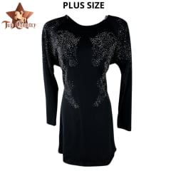 Vestido Feminino Top Country Plus Size Preto Manga Longa Com Cavalos Em Strass