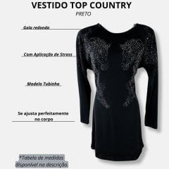 Vestido Feminino Top Country Preto Manga Longa Com Cavalos Em Strass