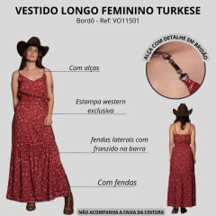 Vestido Feminino Turkese Longo Texas Holden Bordô Estampado De Alças Abertura e Franzido Na Barra Ref: VO11501