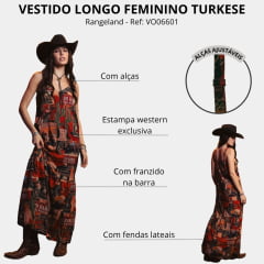 Vestido Feminino Turkese Rangeland Longo Alças Estampado Com Forro Ref: VO06601
