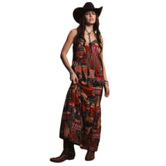 Vestido Feminino Turkese Rangeland Longo Alças Estampado Com Forro Ref: VO06601