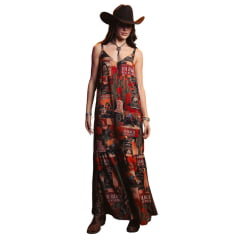 Vestido Feminino Turkese Rangeland Longo Alças Estampado Com Forro Ref: VO06601