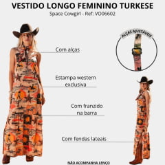 Vestido Feminino Turkese Space Cowgirl Longo Alças Laranja Ref: VO06602