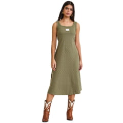 Vestido Feminino TXC Evase Midi Western Verde Militar Sem Manga Longo Com Plaquinha Branco Ref:40116V