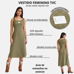 Vestido Feminino TXC Evase Midi Western Verde Militar Sem Manga Longo Com Plaquinha Branco Ref:40116V
