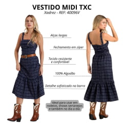 Vestido Feminino TXC Longo De Alças Tricoline Midi Xadrez Azul Marinho Logo Plaquinha REF: 40096V