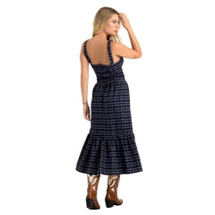 Vestido Feminino TXC Longo De Alças Tricoline Midi Xadrez Azul Marinho Logo Plaquinha REF: 40096V