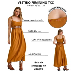 Vestido Feminino TXC Viscose Longo Estampado Marrom Caramelo Com Alças De Amarrar Ref:40112V