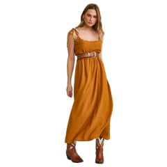 Vestido Feminino TXC Viscose Longo Estampado Marrom Caramelo Com Alças De Amarrar Ref:40112V