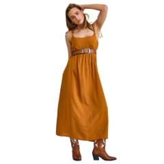 Vestido Feminino TXC Viscose Longo Estampado Marrom Caramelo Com Alças De Amarrar Ref:40112V
