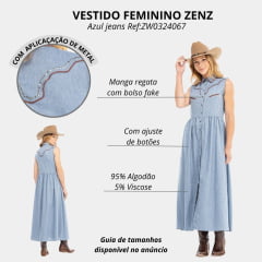 Vestido Feminino Zenz Longo Amalfi Azul Jeans Com Detalhes Tachinhas E Botões Ref:ZW0324067