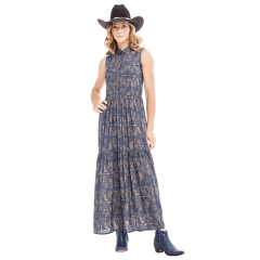 Vestido Feminino Zenz Western Alaska Longo Azul Estampado Bege Regata Ref:1409-ZW0125045