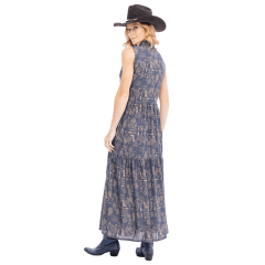 Vestido Feminino Zenz Western Alaska Longo Azul Estampado Bege Regata Ref:1409-ZW0125045