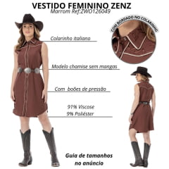 Vestido Feminino Zenz Western Coffee S/ Manga Estilo Camisa Marrom Bordado Gola Na Lapela Marrom Detalhe Bege ZWO126049
