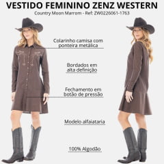 Vestido Feminino Zenz Western Country Moon Marrom Estilo Camisa Bordado Ref: ZW0226061-1763