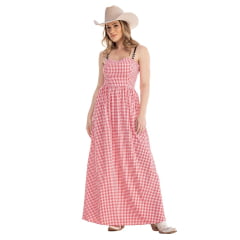 Vestido Feminino Zenz Western Jam Longo Xadrez Vermelho E Branco Com Alças De Couro C/ Fivelas Ref:ZW0325037-1586