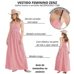 Vestido Feminino Zenz Western Jam Longo Xadrez Vermelho E Branco Com Alças De Couro C/ Fivelas Ref:ZW0325037-1586
